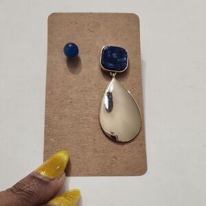 Mismatched Gold Blue Statement Earrings Abstract Asymmetrical Jewelry